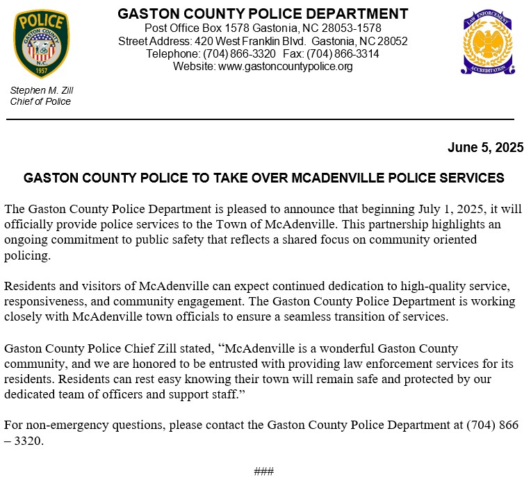 News Release-Gaston Co. Police-McAdenville Services 6-5-25